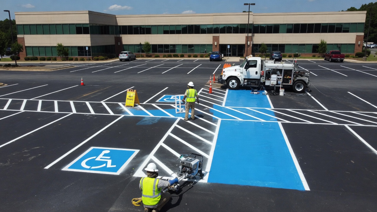 Crew restriping a commercial parking lot, marking an ADA van-accessible space with a wide striped access aisle