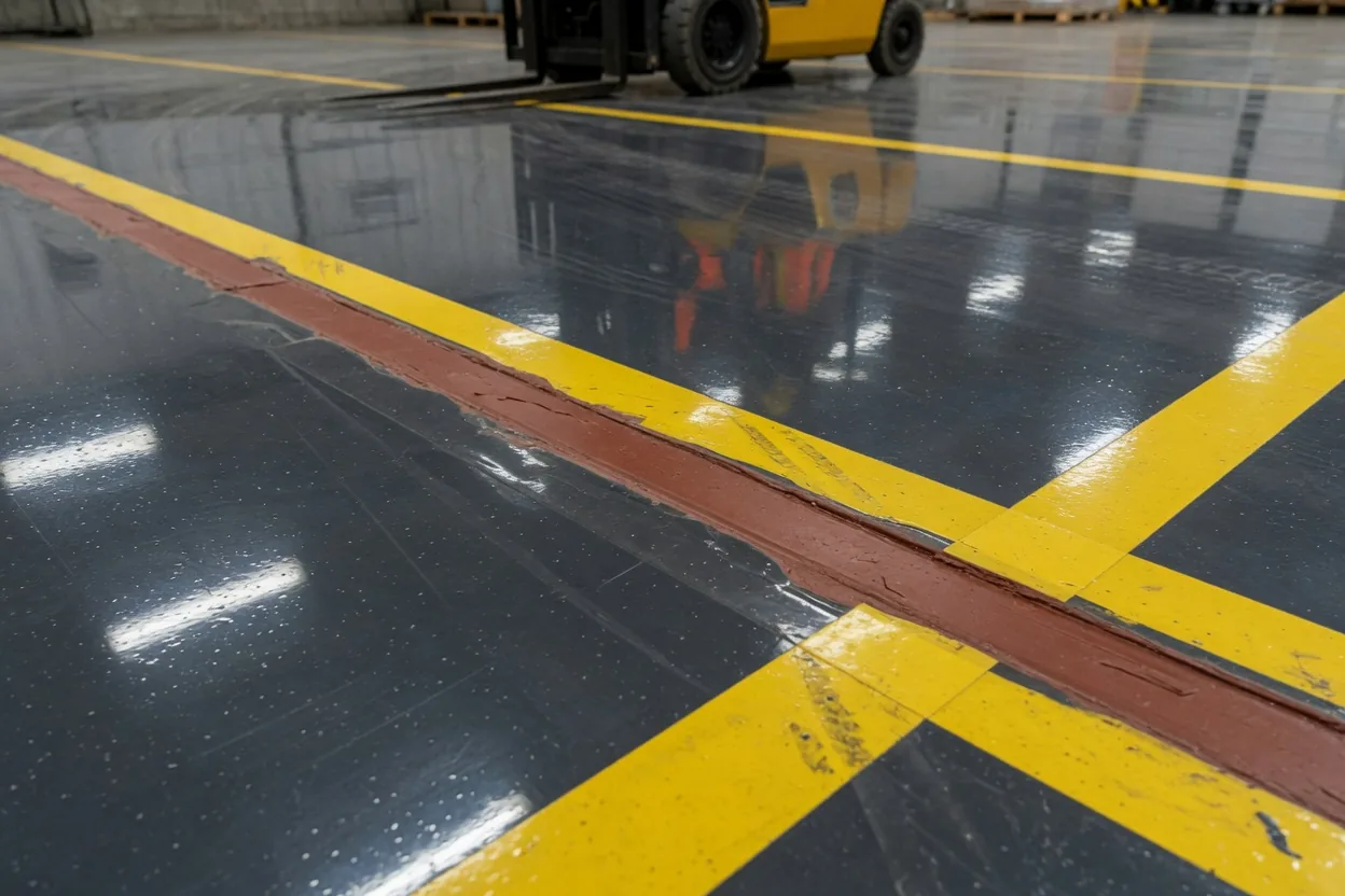 Seamless epoxy warehouse floor with a flexible-filled control joint and safety line striping