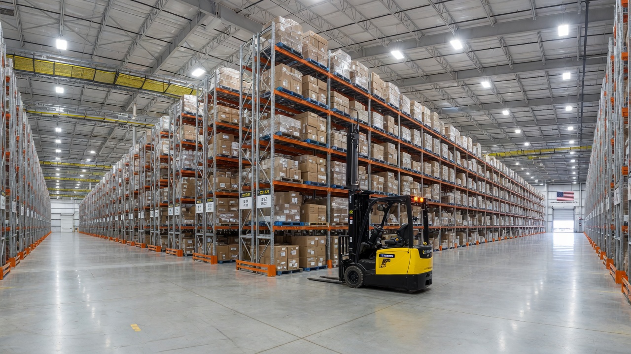 New LED high-bay fixtures lighting a tall-racked Atlanta distribution warehouse after a lighting retrofit