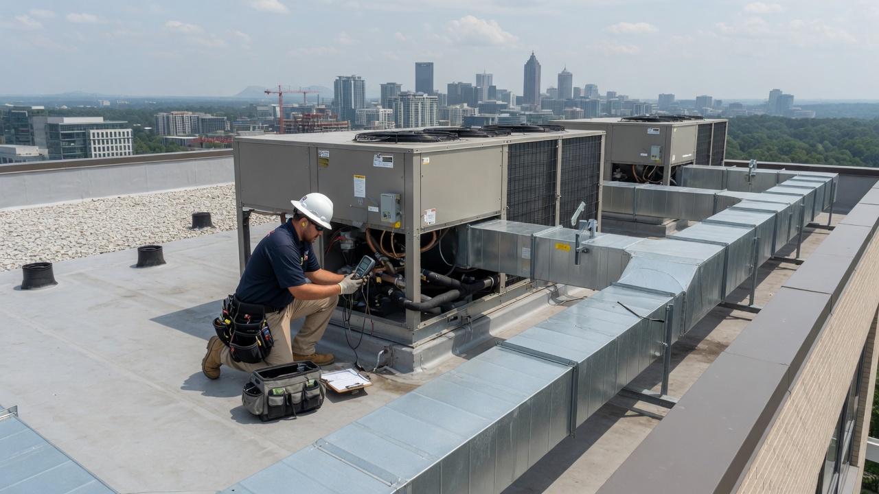 Technician inspecting rooftop HVAC air handler and trunk ductwork on a commercial building in metro Atlanta