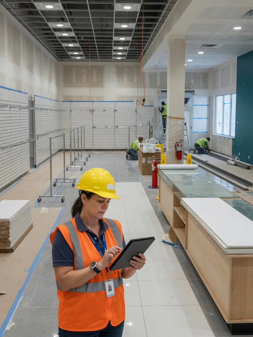 Construction project manager reviewing multi-site rollout plans on a tablet on site