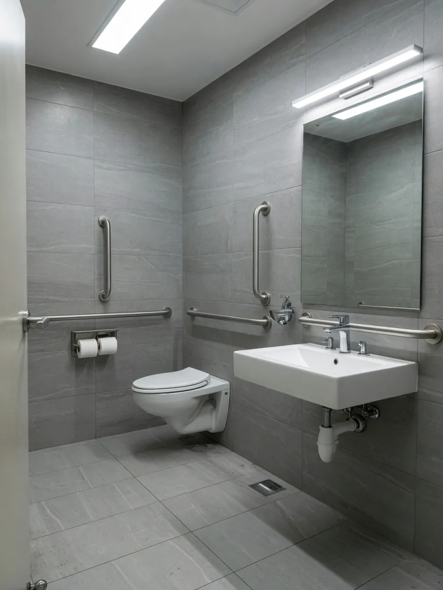 ADA-compliant commercial office restroom in Atlanta with grab bars and accessible clearances