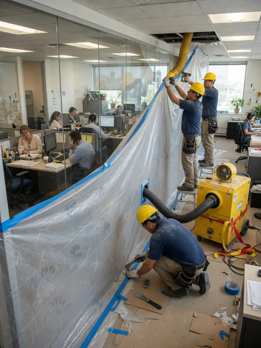 Workers installing a dust-containment wall during an occupied office renovation in Atlanta as staff work beyond the glass