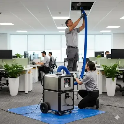 Office duct cleaning technician servicing HVAC ductwork above the ceiling of an Atlanta office building