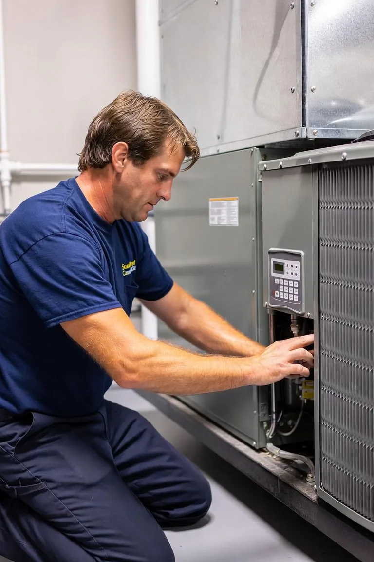 Southeast Commercial Services technician servicing commercial HVAC coil and controls in Atlanta