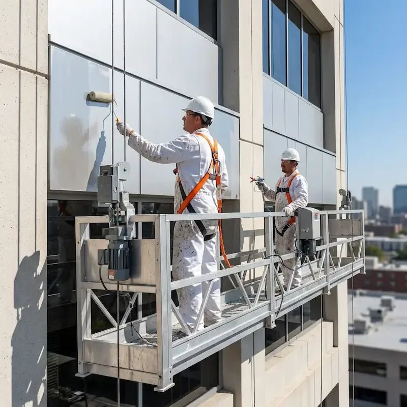 High-rise and multi-story commercial painting crew coating a tall Atlanta building facade