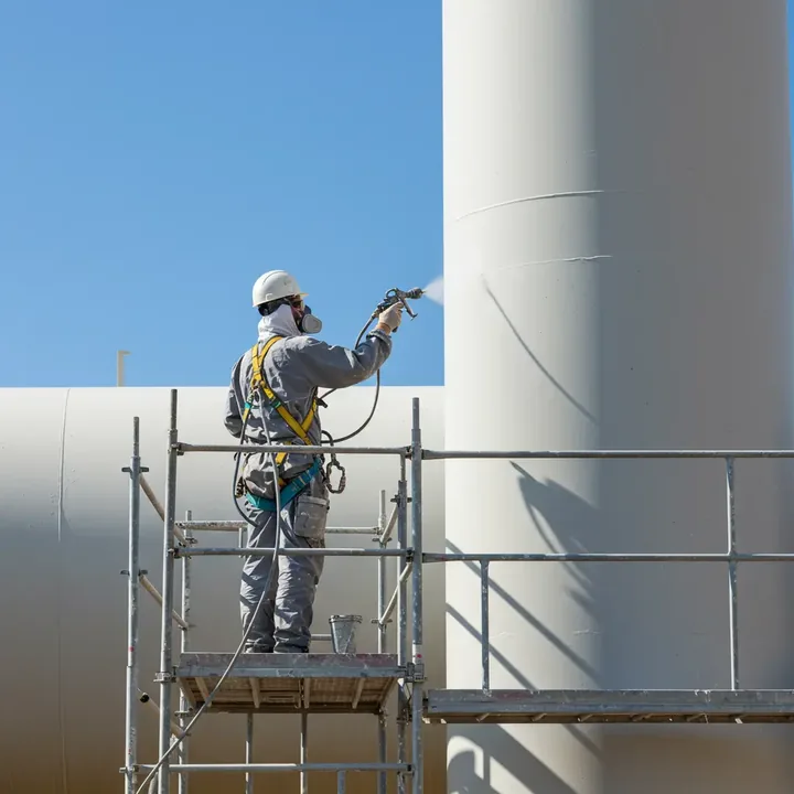 Industrial coating applicator spray-applying a protective tank coating on scaffolding at an Atlanta facility