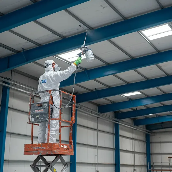 Warehouse and industrial painting crew coating structural steel in an Atlanta distribution center